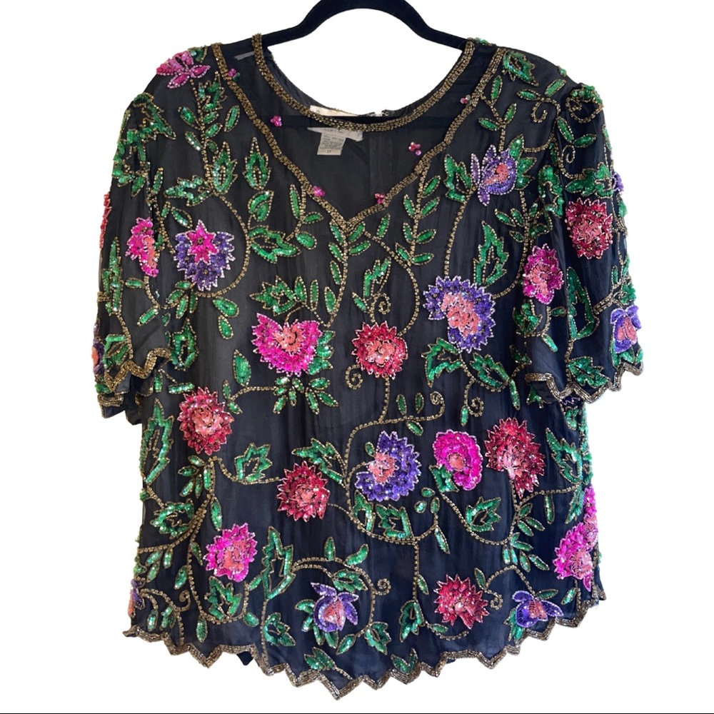 ✨VINTAGE✨ Lawrence Kazar Beaded Blouse with Shoulder Pads